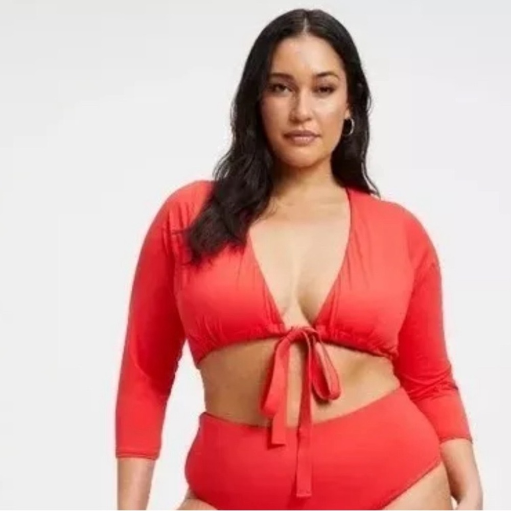 Good American‎ Sexy Boost Swim Top 3/4 Sleeve Tie Front Bright Poppy Red Small